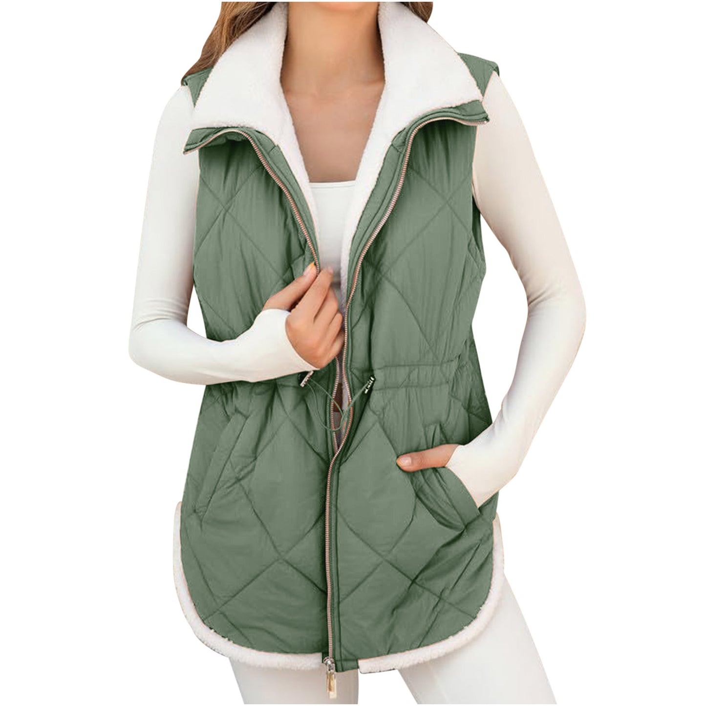 Women's Trendy With Plush Lining Pockets Drawstring Vests