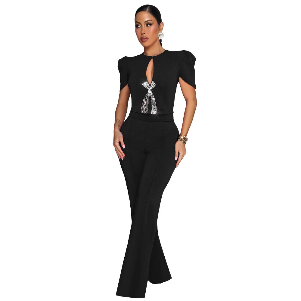 Women's Personalized Line Bow Decoration Short-sleeved Casual Jumpsuits