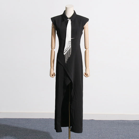 Women's Summer High-grade Lapel Hollow Split Elegant Black Dress Dresses