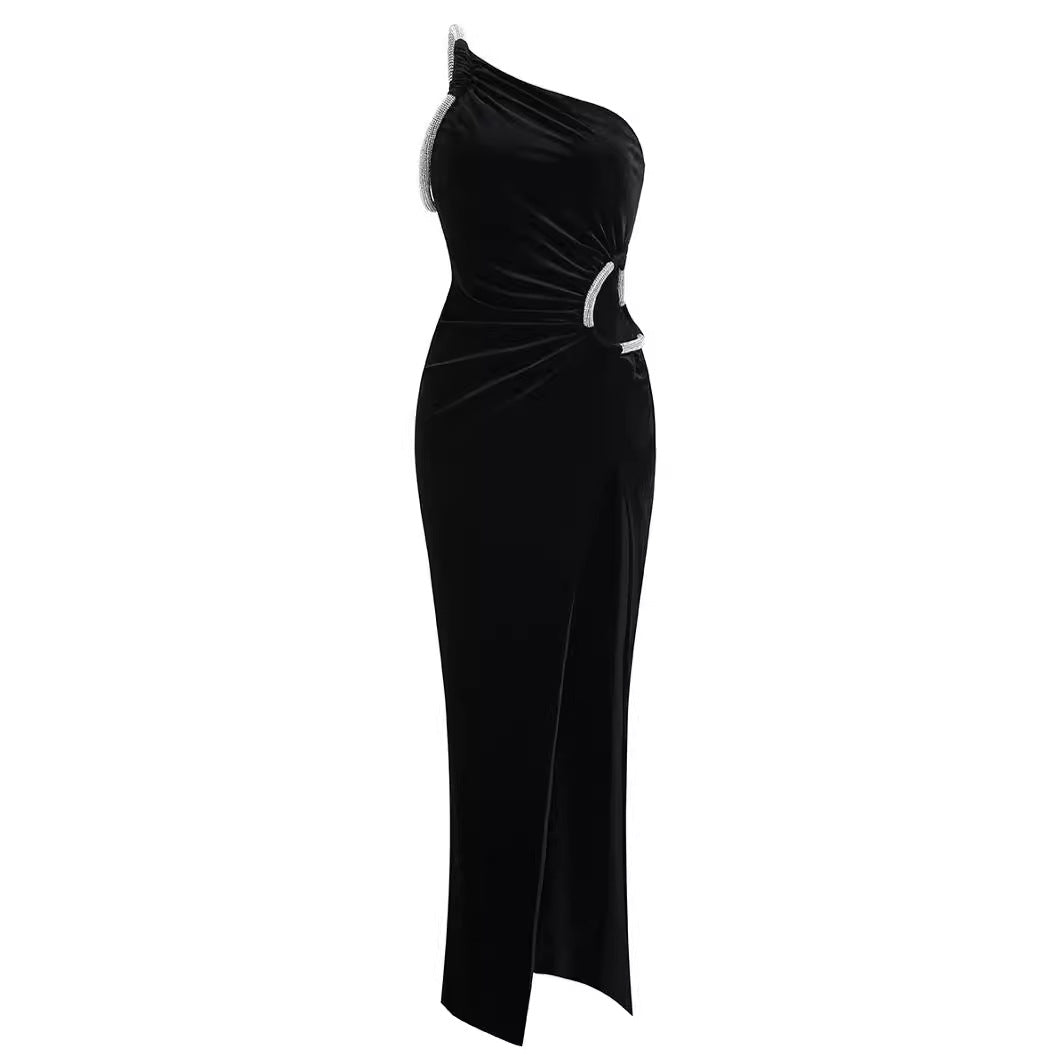 Women's Sleeveless Asymmetric Rhinestone Dress Long Party Dresses