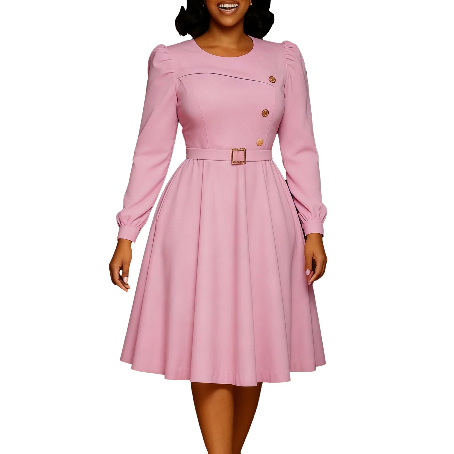 Neck Long Sleeve High Waist A- Line Elegant Party Solid Dress