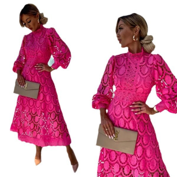 French Style Lace Stand Collar Puff Dresses