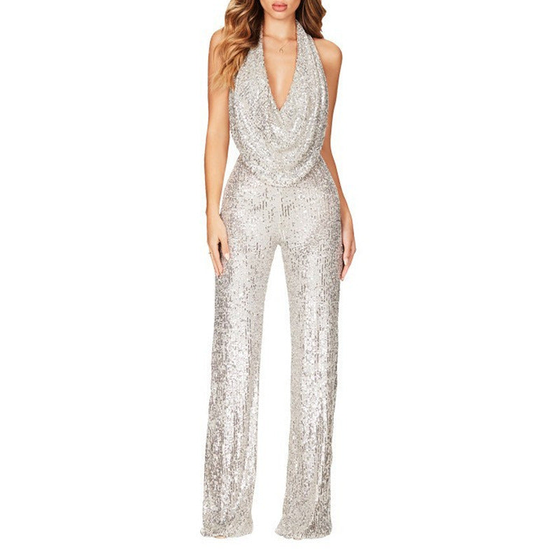 Women's Classy Summer Sleeveless Halter Sequined Jumpsuits