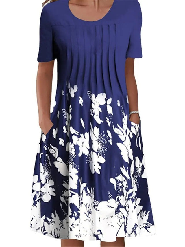 Women's Floral Print Round Neck Pullover Mid-length Dresses