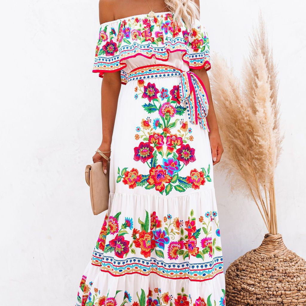 Women's Red Flower Print Long Large Hem Dresses