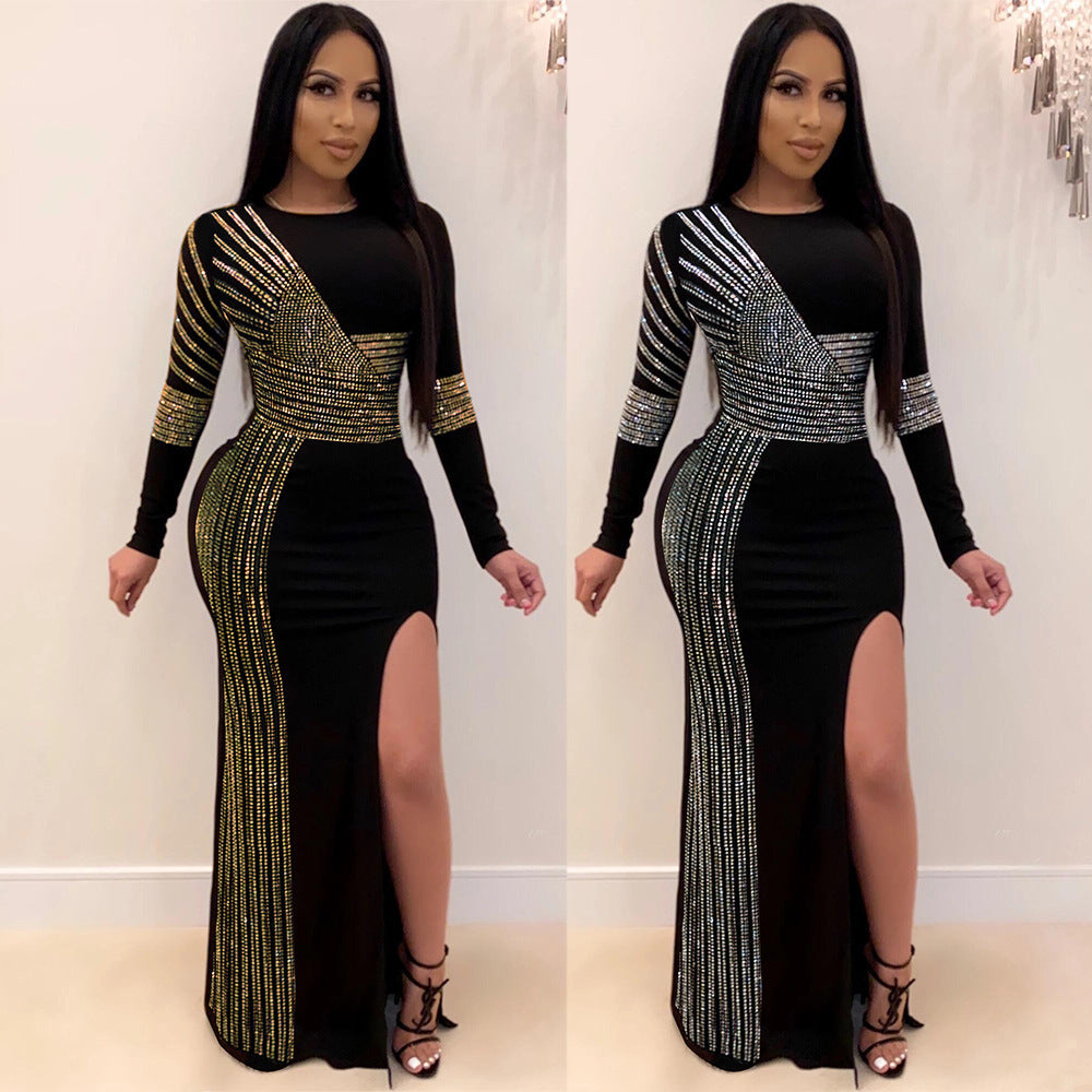 Rhinestone Crew Neck Split Long Sleeve Nightclub Uniform