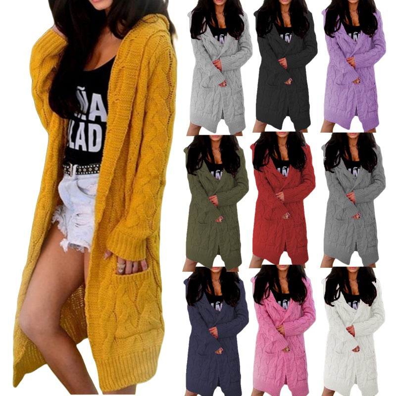 Women's Thick Thread Knitted Hooded Double Pocket Women's Sweater