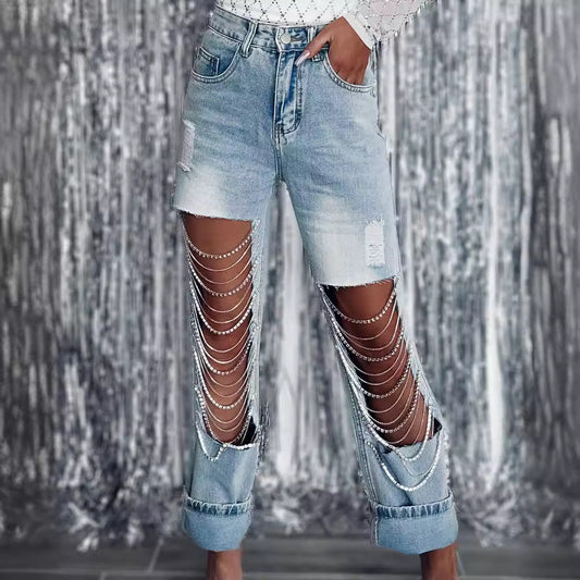 Women's Early Spring Style Big Ripped Chain Jeans