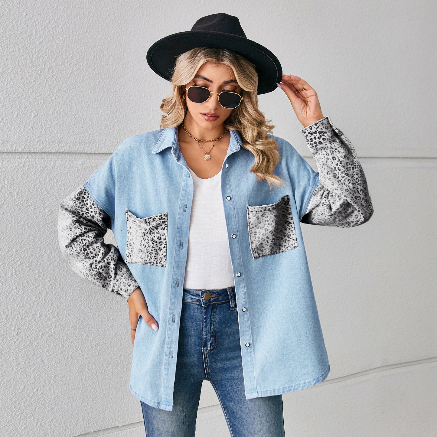 Loose Leopard Print Stitching Denim Shirt Long Blouses