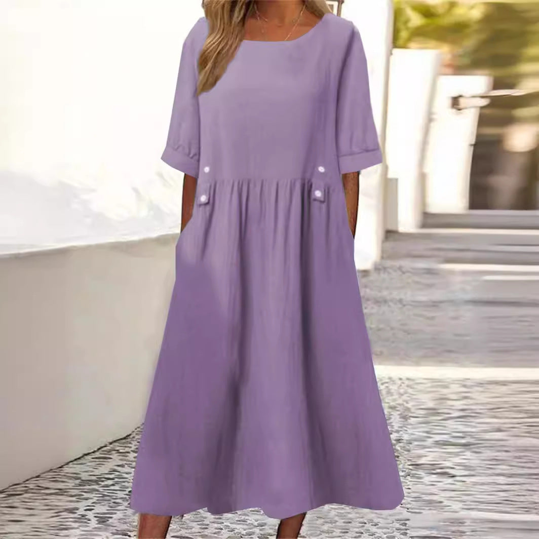 Summer Sleeve Cotton Linen Dress Round Dresses