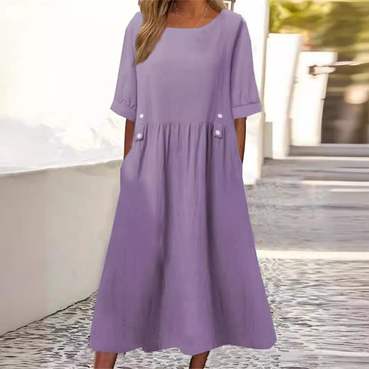 Summer Sleeve Cotton Linen Dress Round Dresses