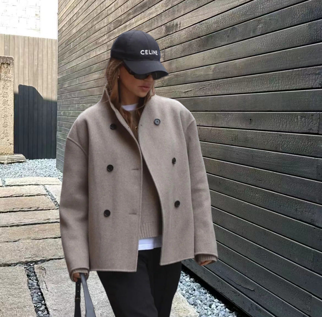 Women's Vintage Brown Woolen Double Breasted Thick Jackets