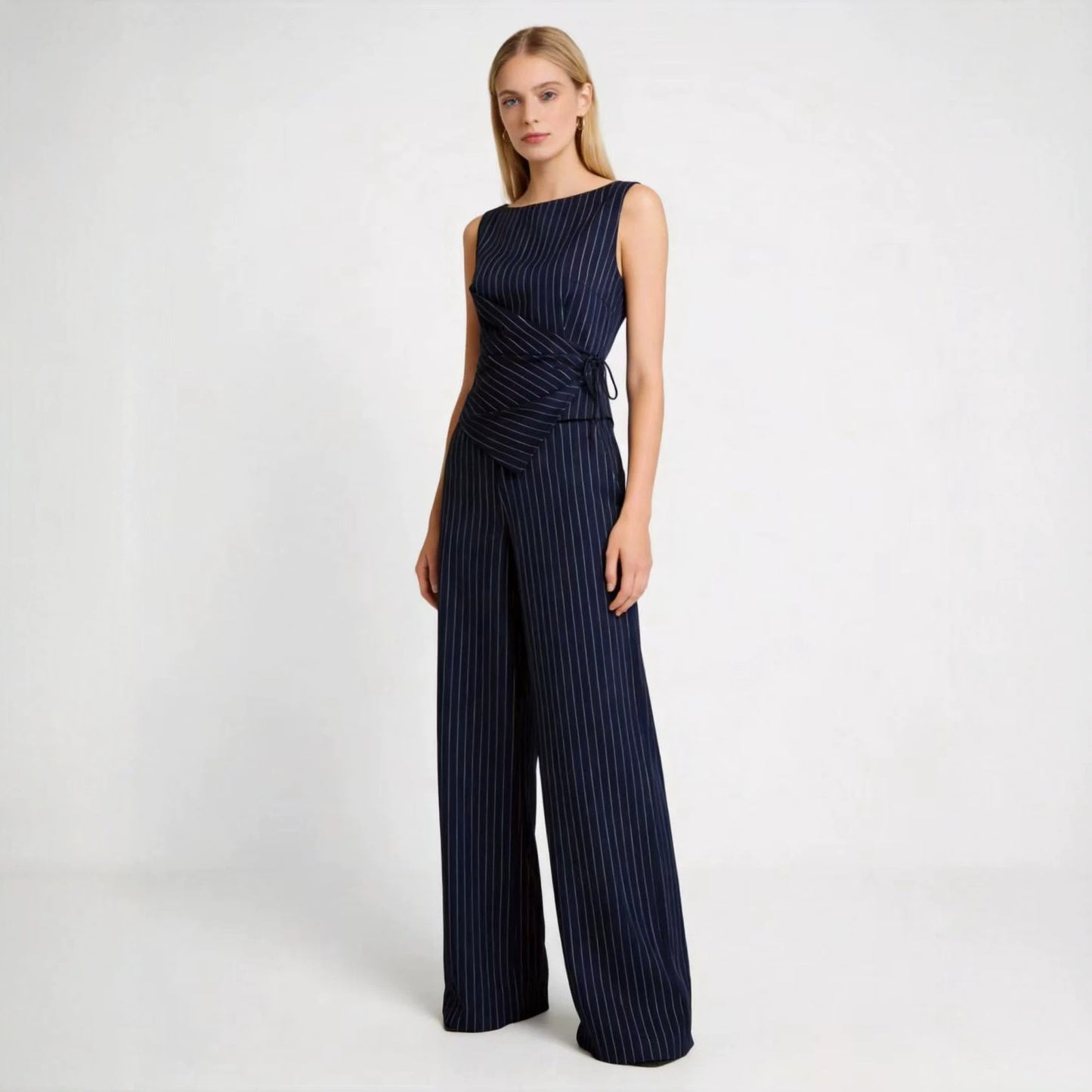 Temperament Bandage Round Neck Striped Sleeveless Fashion Casual Suit