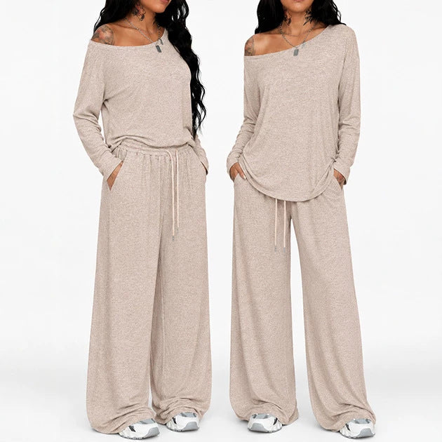 Women's Diagonal Collar Wide Leg Solid Color Fashion Casual Suit