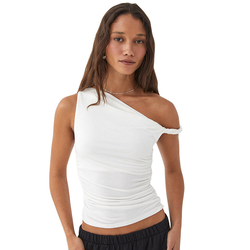 Women's Solid Color Diagonal Collar Pleated Asymmetric Tops