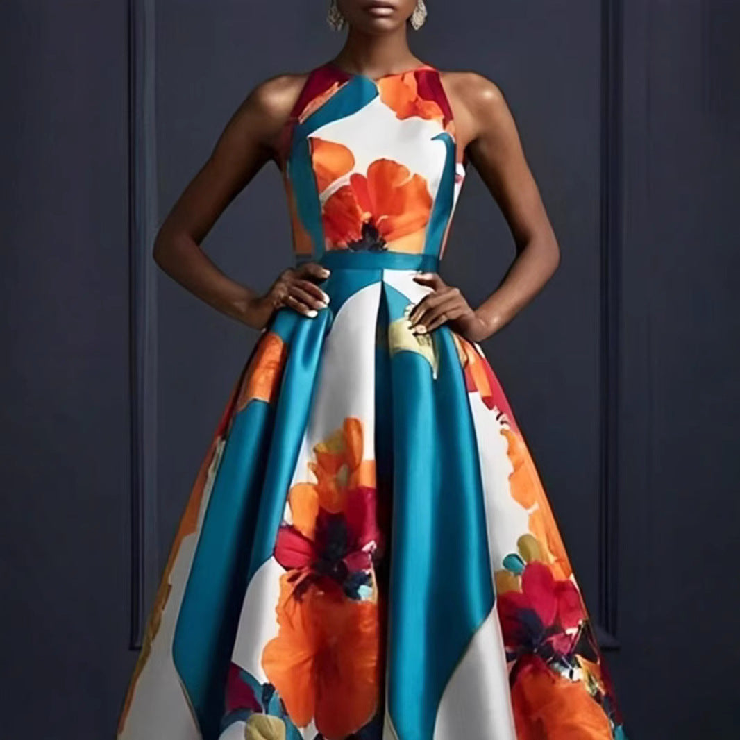 Fashion Large Swing Sleeveless Printed Waist Slim Satin Dress
