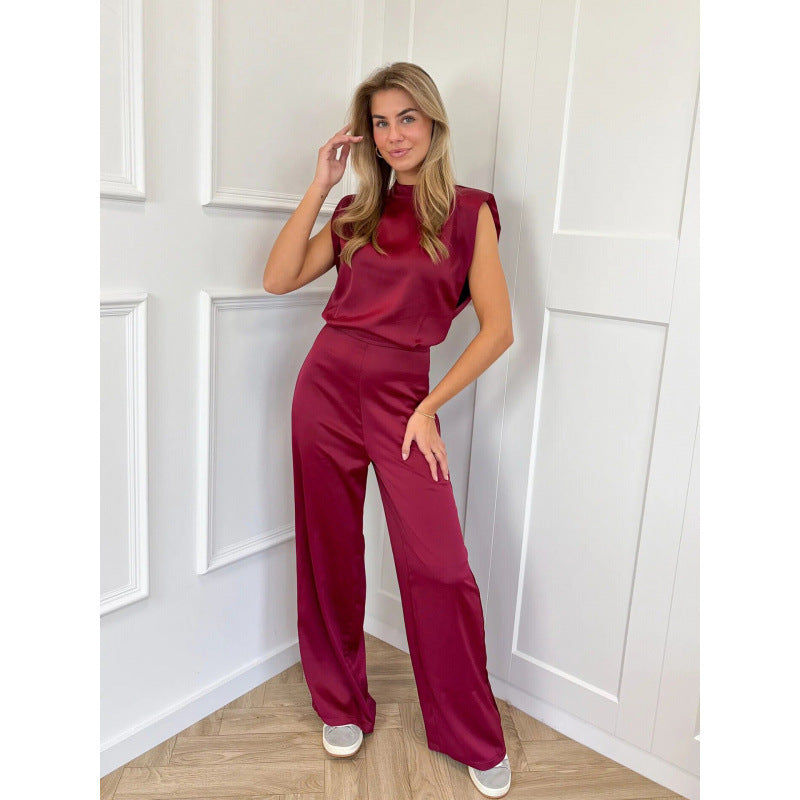 Women's Solid Color Stand Collar Sleeveless Loose Satin Backless Jumpsuits