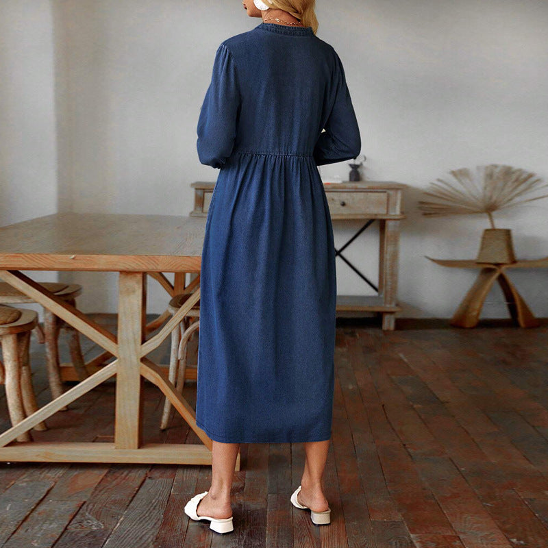 Women's Denim Stand Collar Button Long Sleeve Dresses