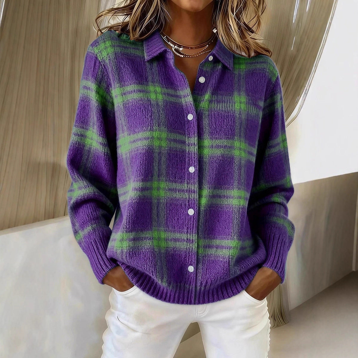 Women's Polo Collar Stripes Contrast Color Woolen Coats