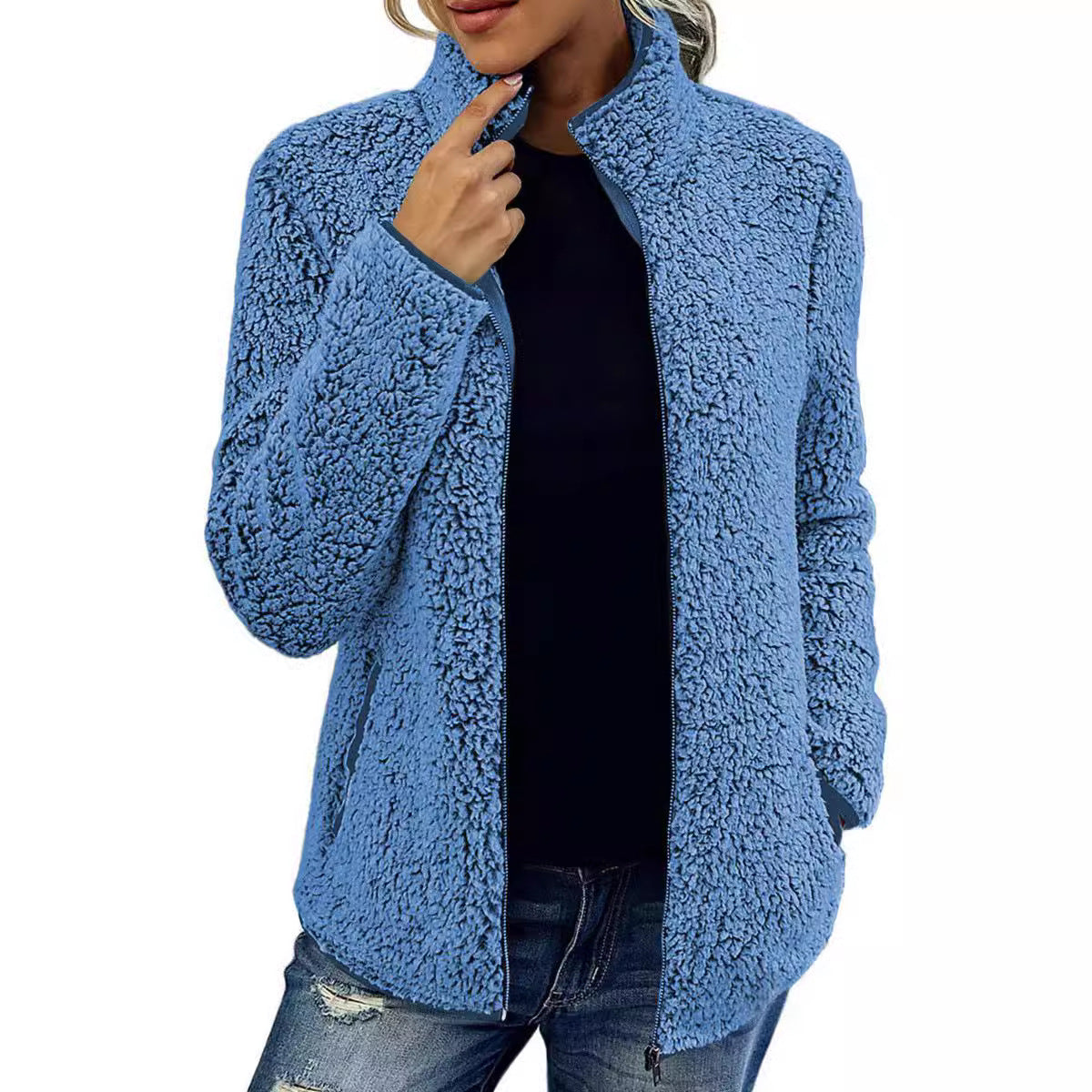 Women's Solid Color Loose Casual Zipper Bubble Veet Coats