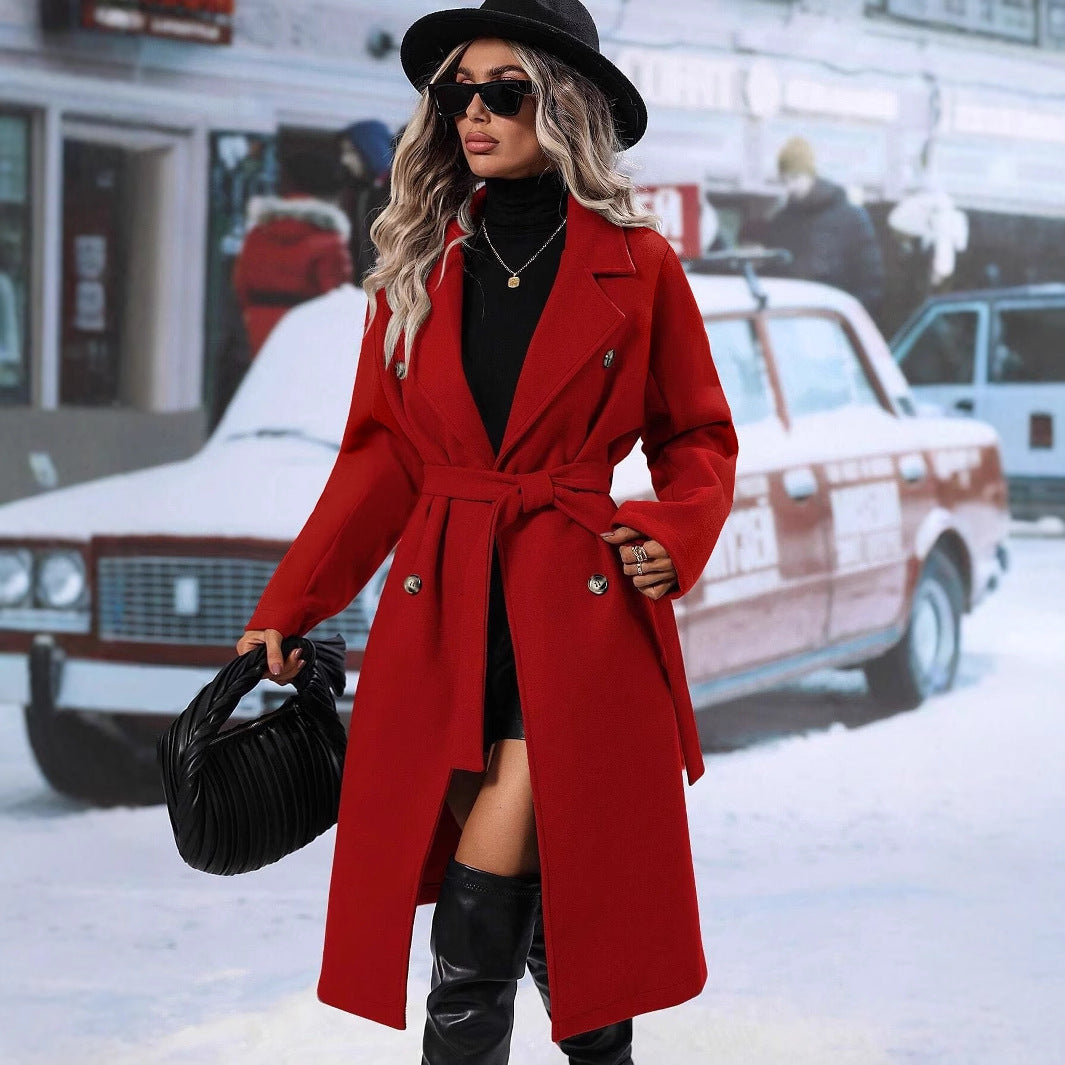 Collar Thick Woolen Lace Up Double Coats