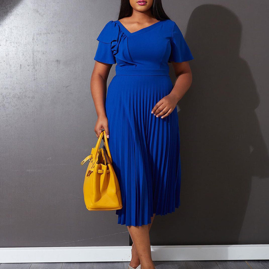Women's Ruffled Sleeves Slant Shoulder Elegant Pleated Dress