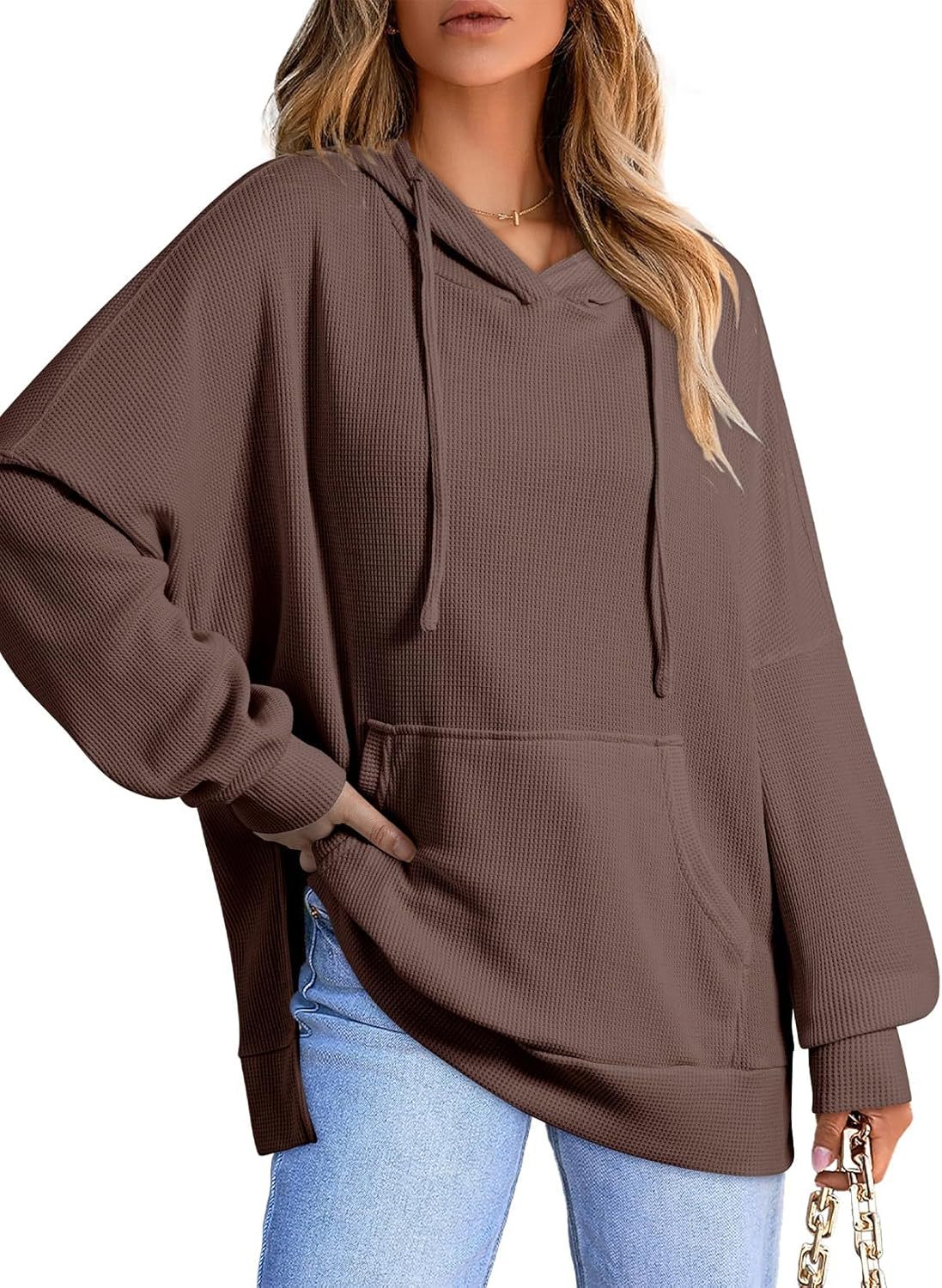 Women's Hoodie Waffle Knitted Side Slit Pullover With Pocket Women's Sweater, Sweater