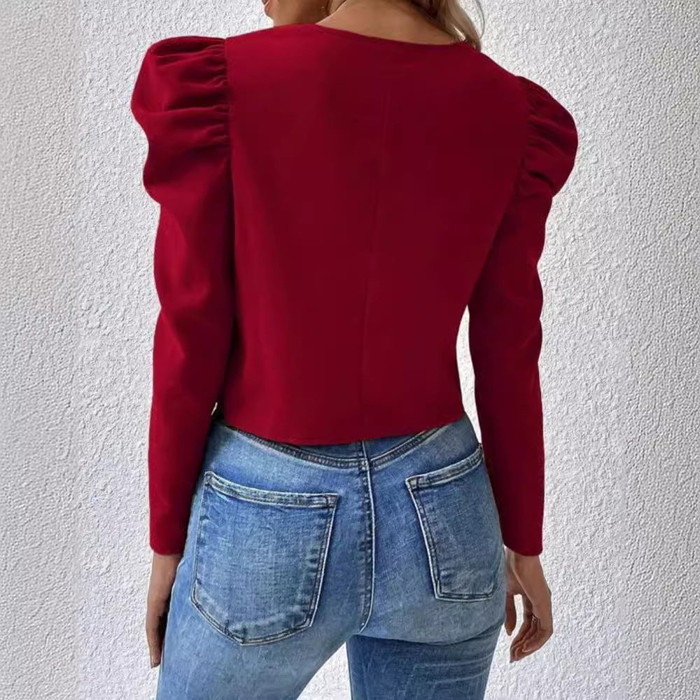Women's Color Round Neck Zipper Bubble Long Jackets