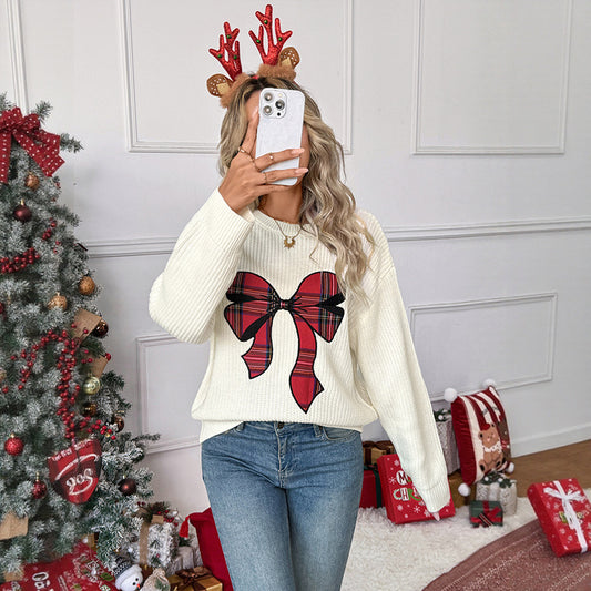 Women's Style Bow Plaid Embroidered Round Neck Sweaters