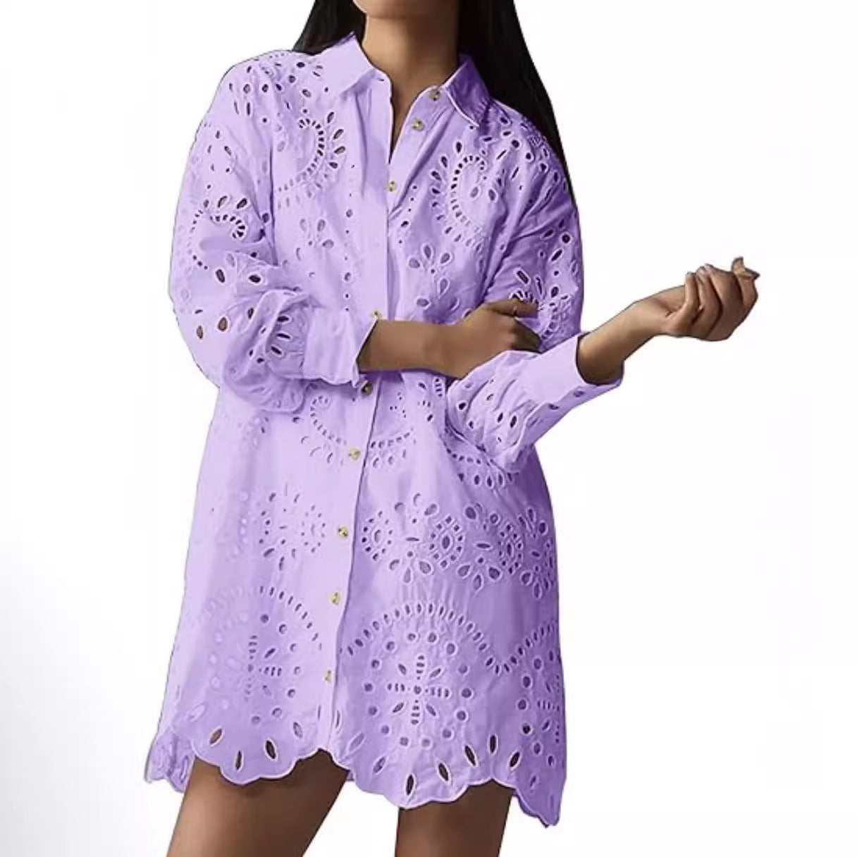 Women's Solid Color Shirt Collar Loose Embroidered Blouses
