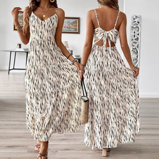 Women's Vacation Style Suspender Irregular Striped Design Dress