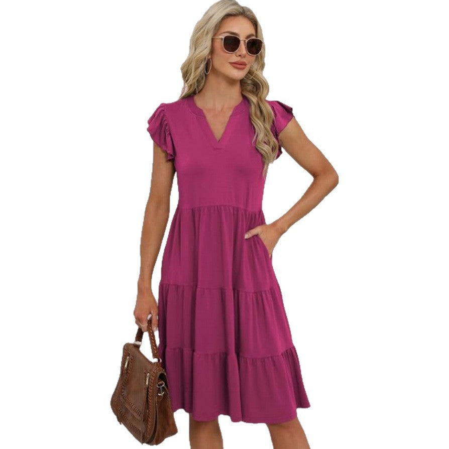 Women's Collar Ruffle Sleeve Mid-length Stitching Big Swing Dress