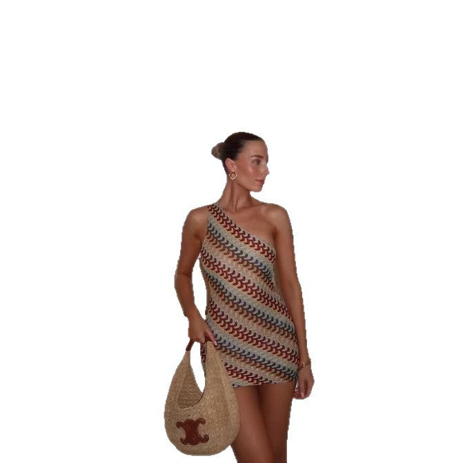Women's Sexy Style Slim Yarn-dyed Diagonal Collar Stretch Dress