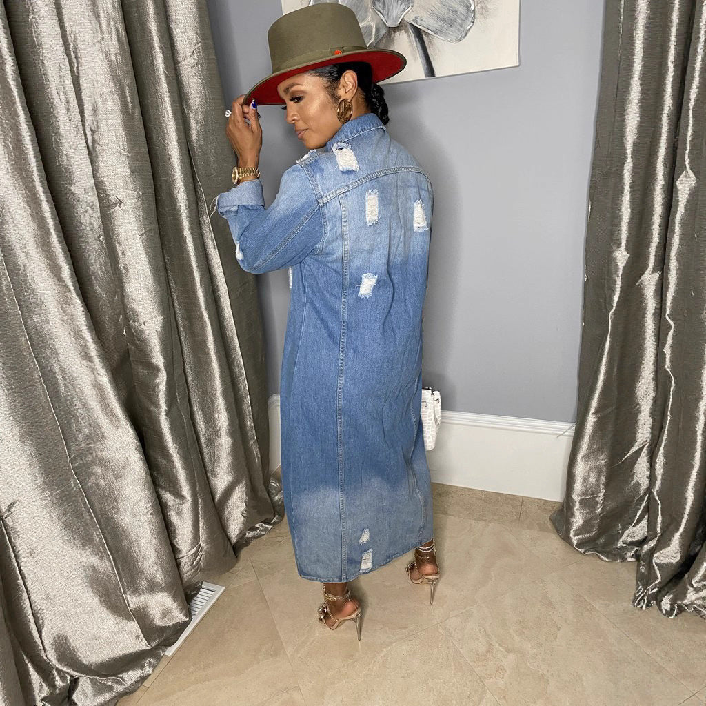 Women's Denim Long Trench Ripped For Coats