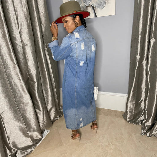 Women's Denim Long Trench Ripped For Coats