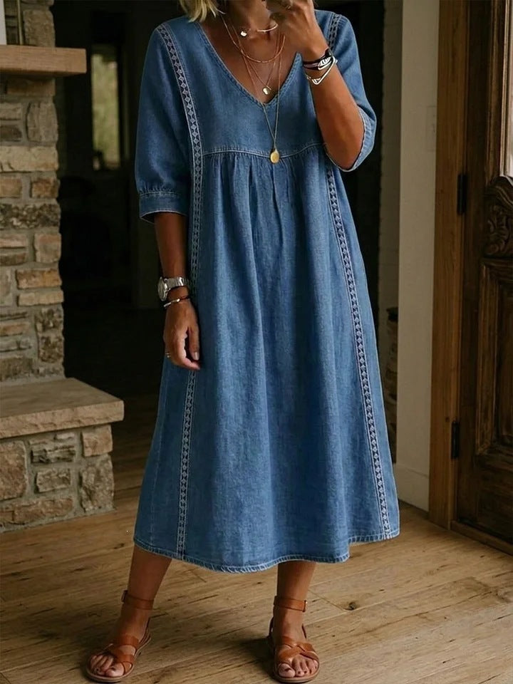 Casual Loose Stitching Lace Cotton Linen Dress