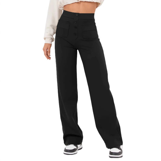 Women's Casual High Waist Texture Button Elastic Pants