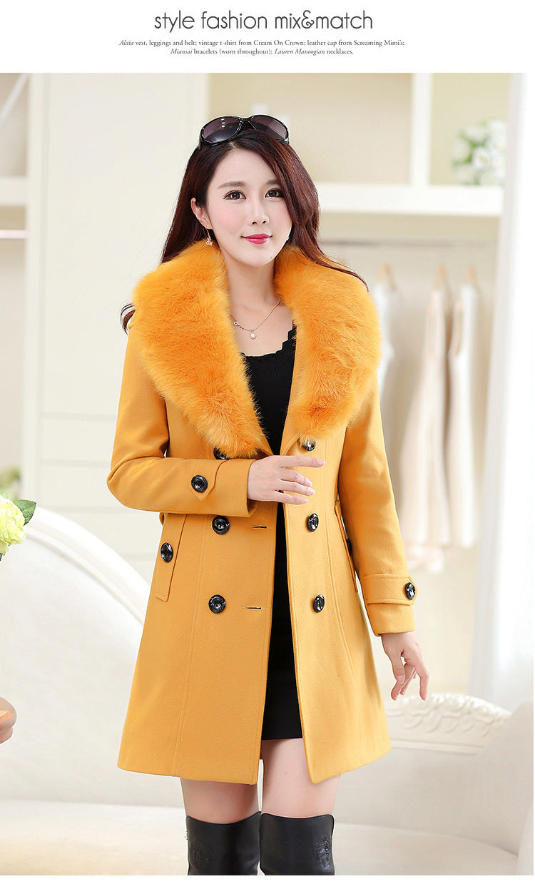 Women's Large Woolen Double-breasted Fur Collar Coats