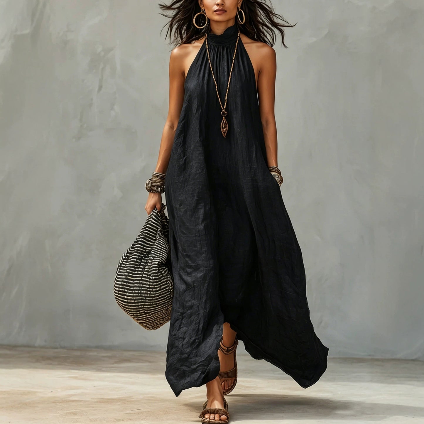 Women's Style Halter Long Backless Wrinkle Loose Dress