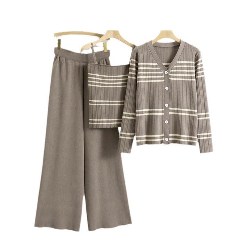 Women's Korean Striped Knitted Sling Fashionable Three-piece Fashion Casual Suit