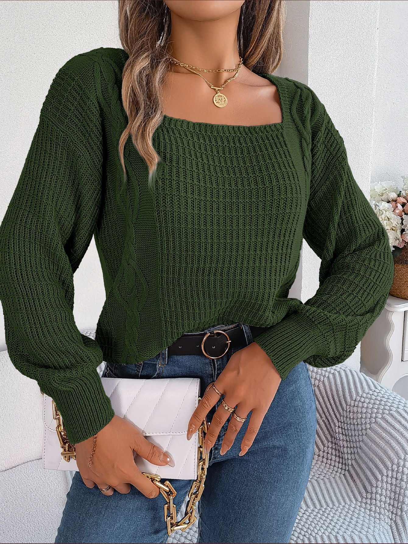 Clearance Casual Solid Color Square Collar Twist Lantern Sleeve Sweaters