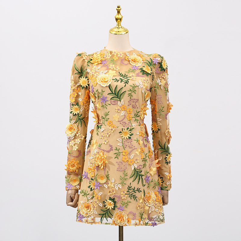 Women's Three-dimensional Flower Embroidered Slim Long Sleeve Dresses