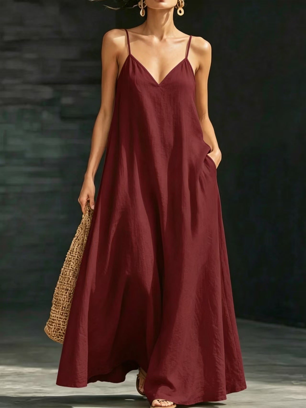 Women's Summer Strap Long Casual Fashion Large Swing Solid Color Dress