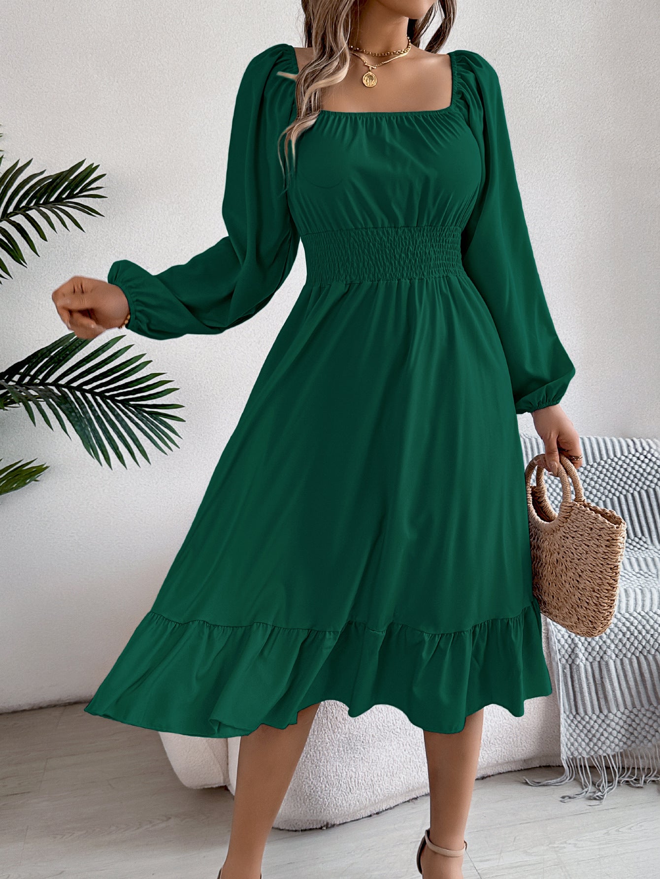 Women's Color Square Collar Long Sleeve Waist Trimming Clothing