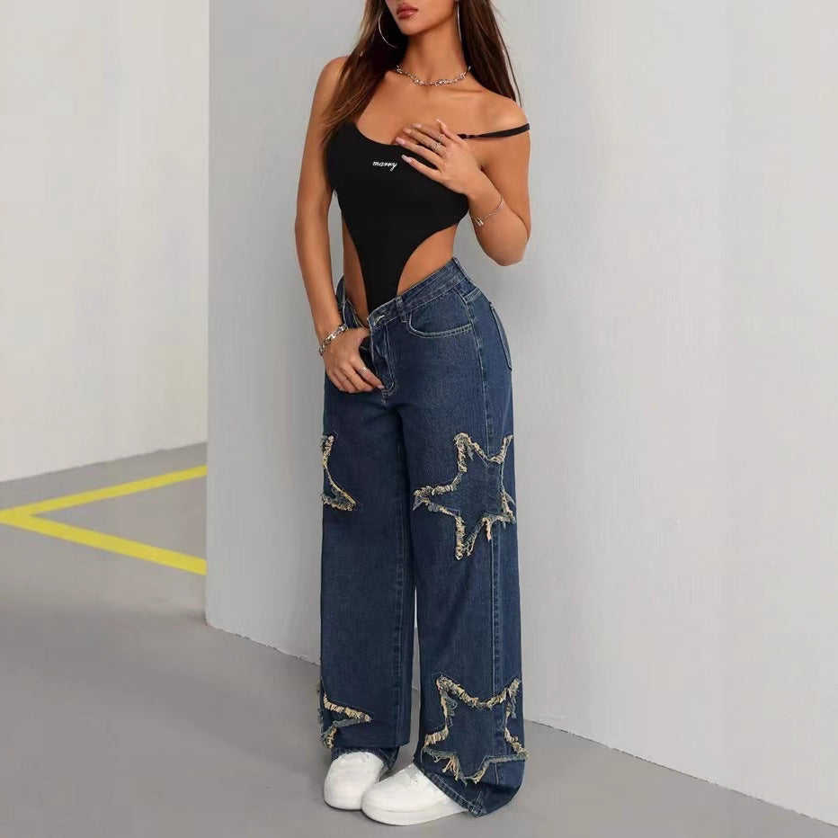 Women's Patch Pentagram Tassel Loose Burrs Straight Jeans