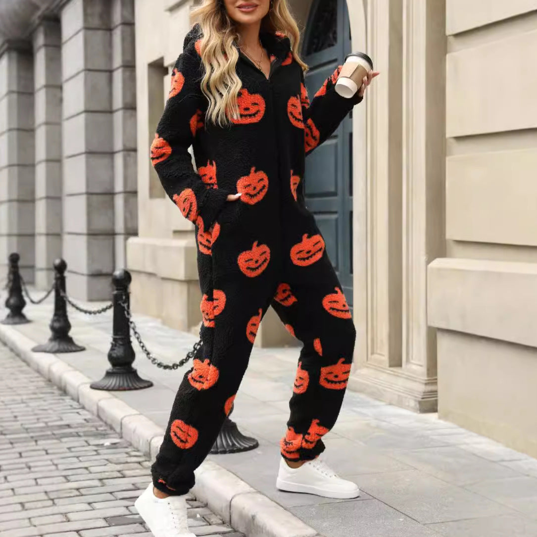 Women's Flash Veet Halloween Pumpkin Print Loose Jumpsuits
