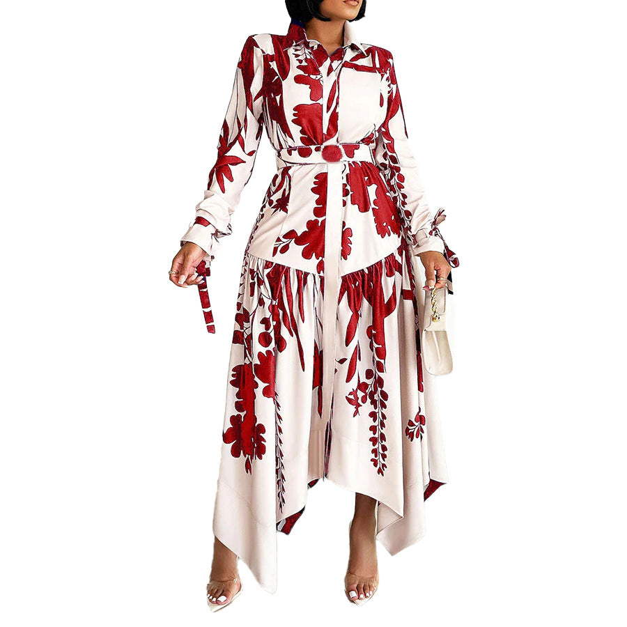 Women's Fashion Temperament Printed Lapel Long Sleeve Dress