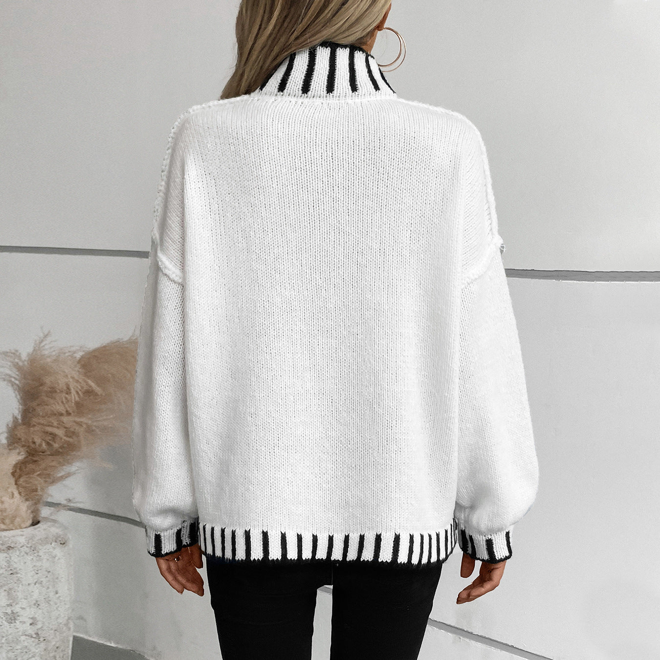 Innovative Women's Striped Pullover Turtleneck Loose Sweater