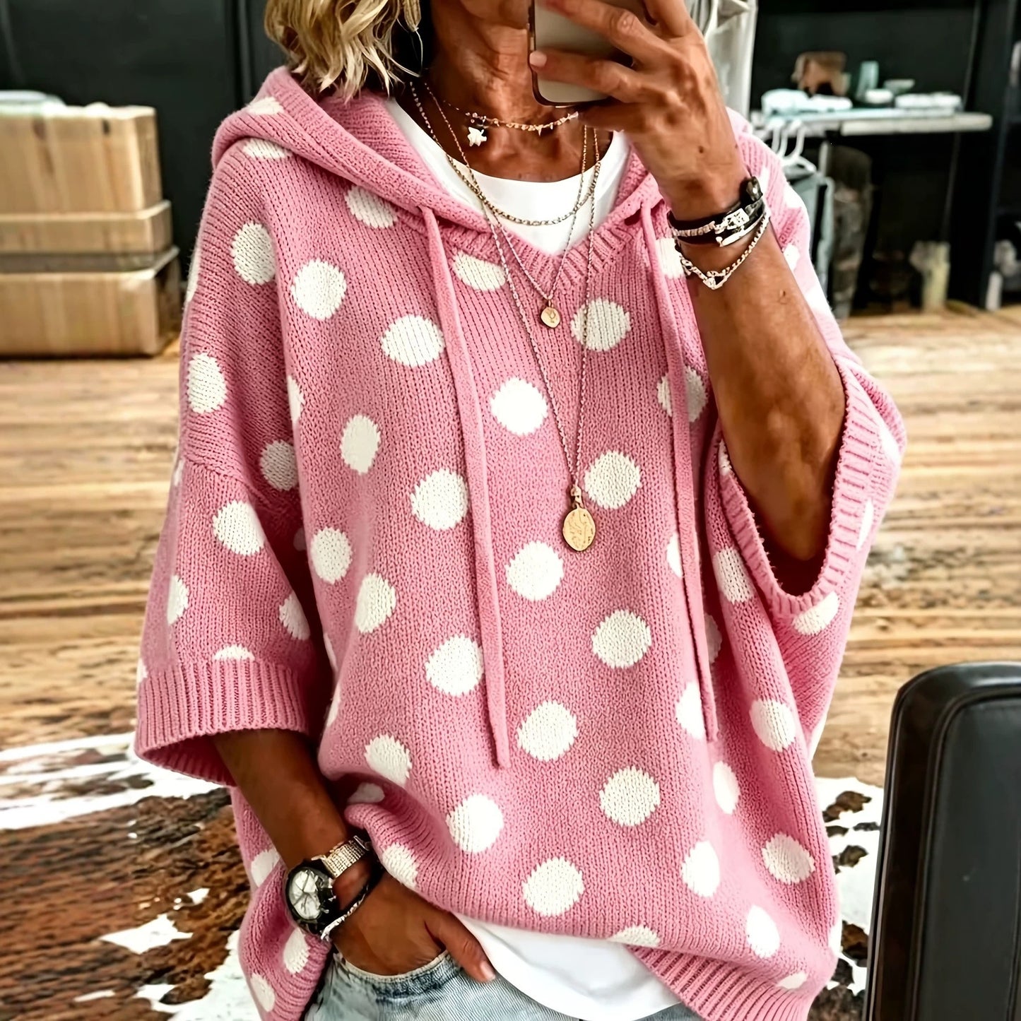 Women's Complete Sizes Elegant Loose Casual Style Polka Dot Sweater