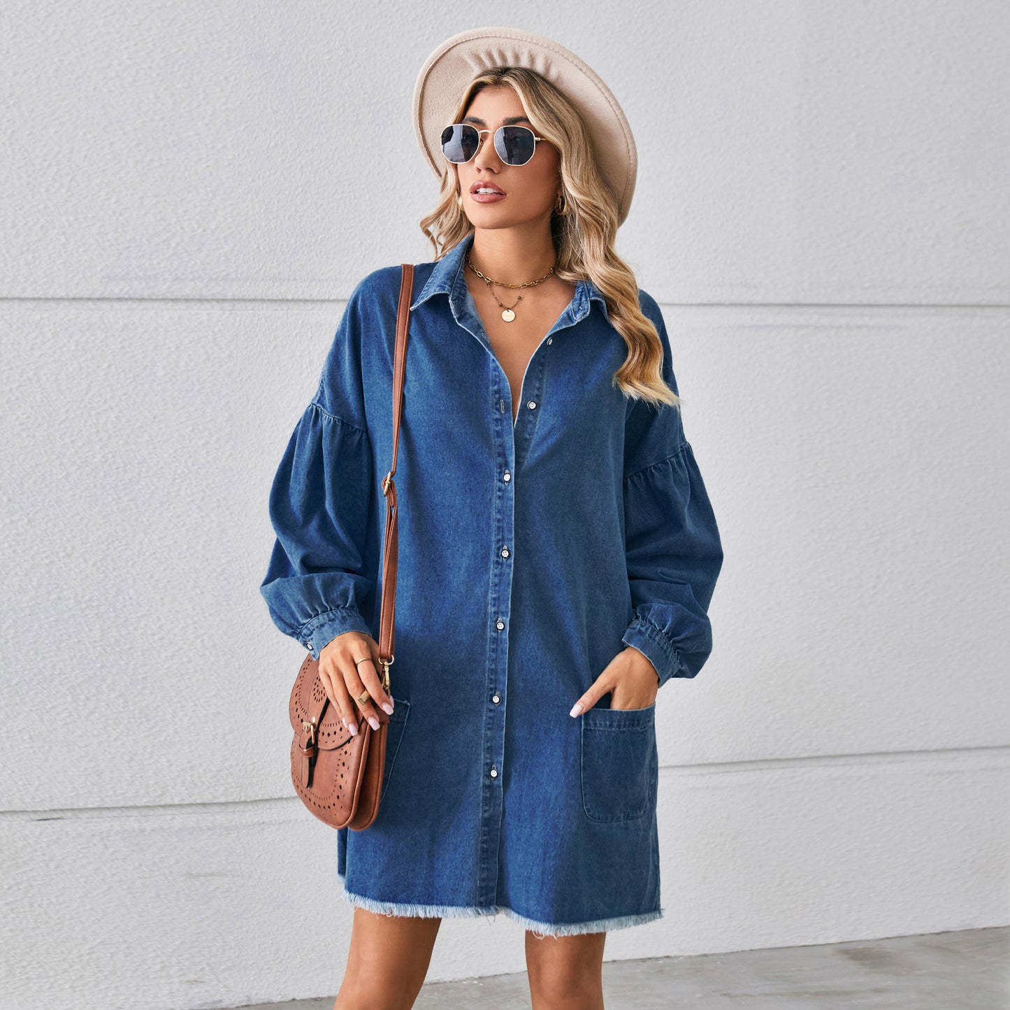 Loose Denim Long Sleeve Frayed Midi Dress
